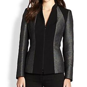 Lafayette 148 New York Black Gray Zip Front Fitted Blazer Size 14. Structured